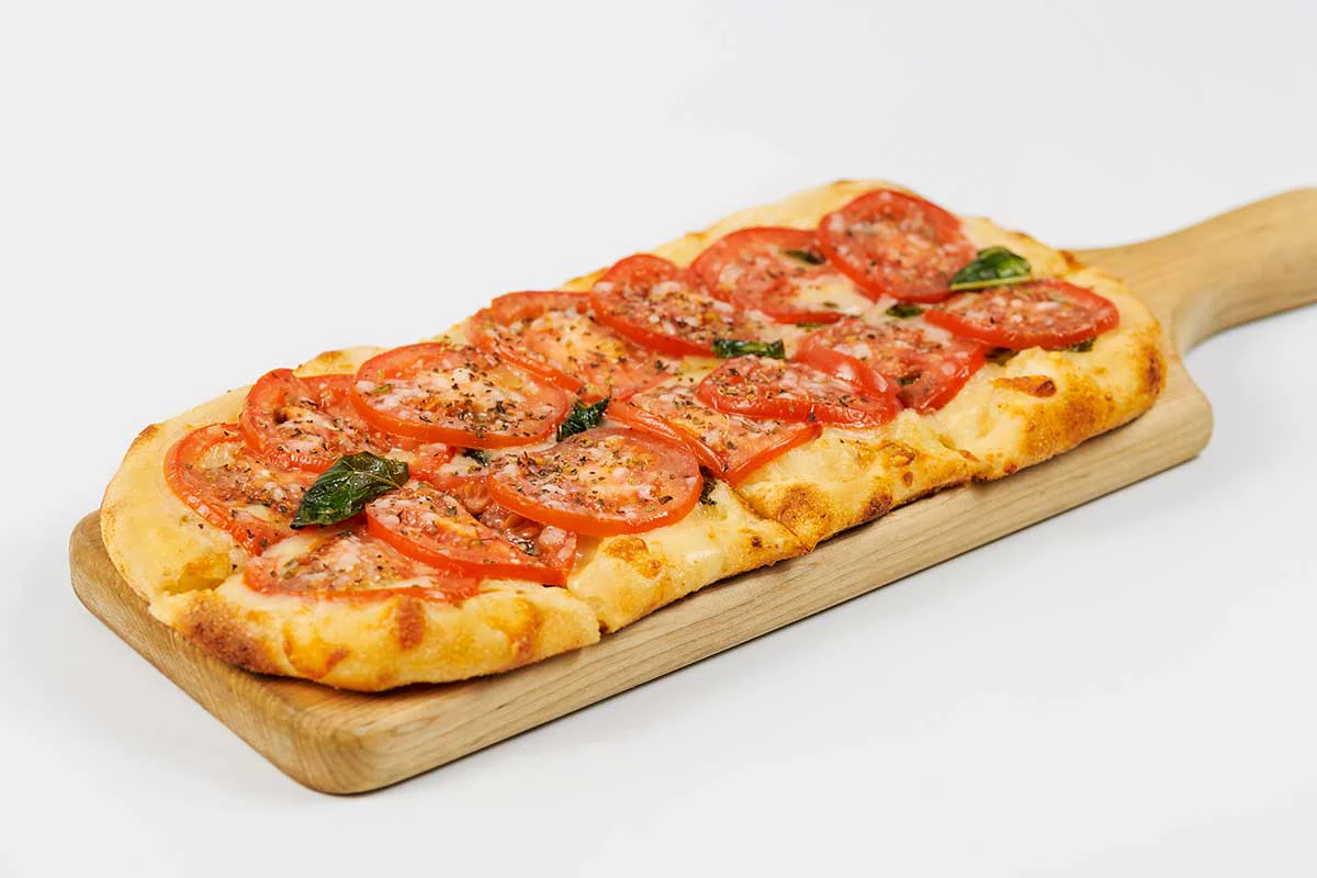 Fresh Basil, Tomato and Cheese Flatbread Pizza Image